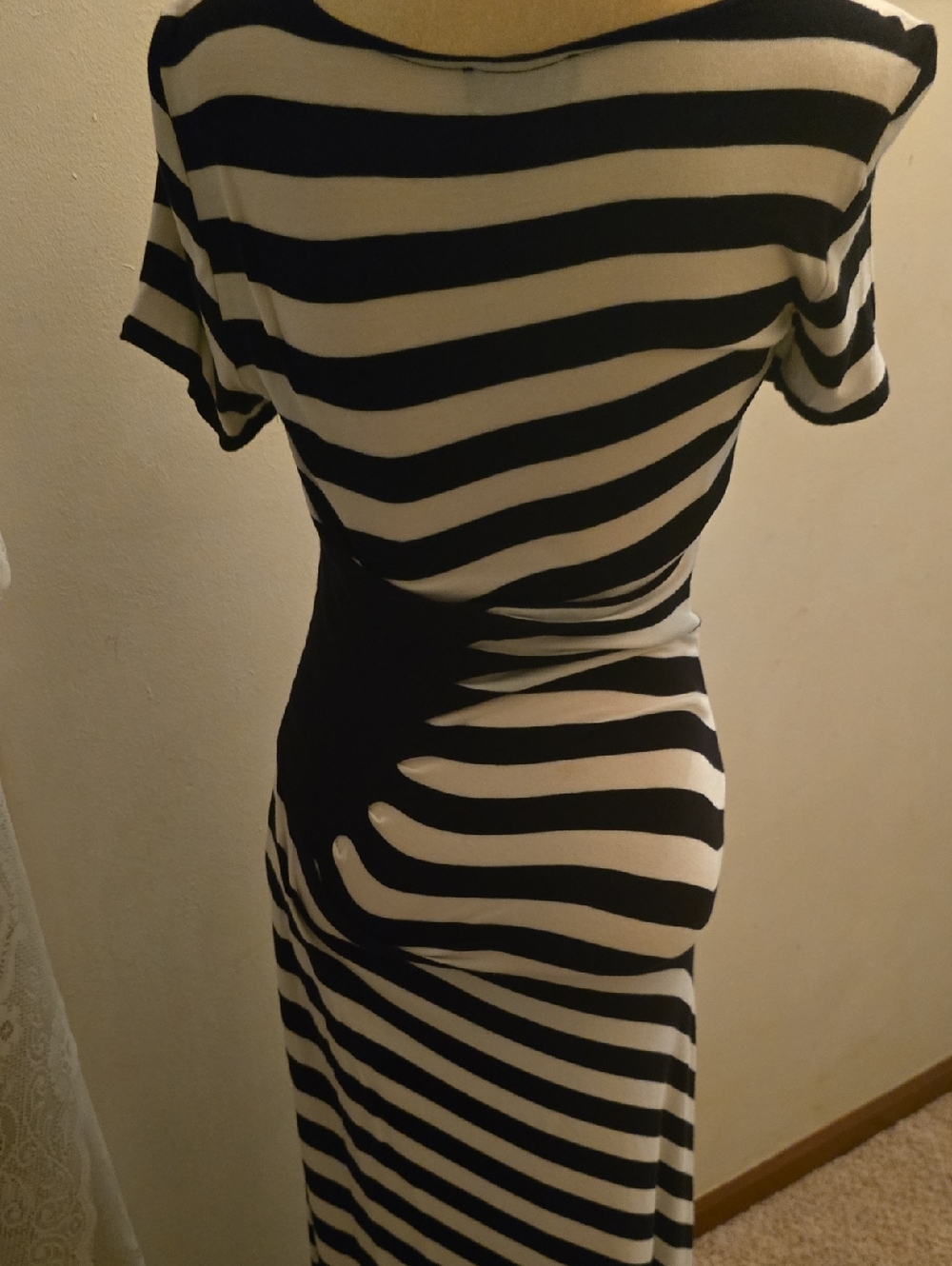 Trulli Women's M Tall Black White Striped Pull On Maxi Dress Cinched Waist - Picture 4 of 7
